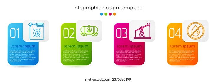 Set line Canister for motor machine oil, Oil railway cistern, Oil pump or pump jack and No oil drop. Business infographic template. Vector