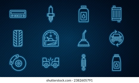 Set line Canister for motor machine oil, Car service, Motor gas gauge, tire wheel, audio,  and spark plug icon. Vector
