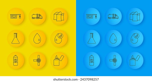 Set line Canister for motor machine oil, Oil petrol test tube, drop, Lighter, Bio fuel, Gas filling station, industrial factory building and Tanker truck icon. Vector