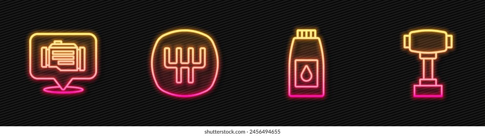 Set line Canister for motor machine oil, Check engine, Gear shifter and . Glowing neon icon. Vector