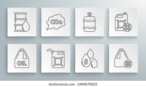 Set line Canister for motor machine oil, CO2 emissions cloud, gasoline, Oil drop with dollar symbol, Antifreeze canister, Propane tank,  and Barrel icon. Vector