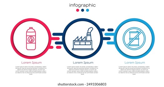 Set line Canister for motor machine oil, Oil industrial factory building and No barrel for gasoline. Business infographic template. Vector