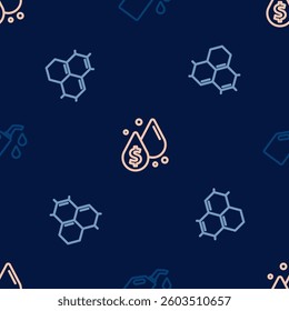 Set line Canister for motor machine oil, Molecule and Oil drop with dollar symbol on seamless pattern. Vector