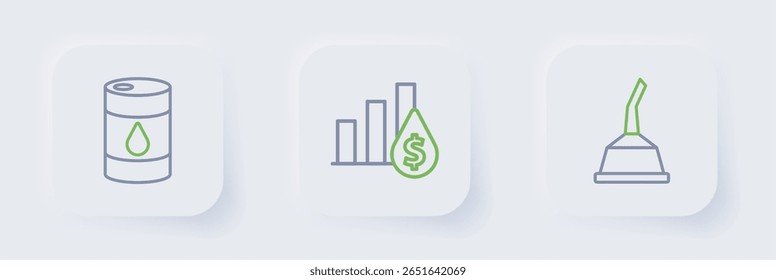 Set line Canister for motor machine oil, Pie chart and dollar and Barrel icon. Vector