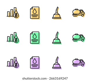 Set-Linie Kanister für Motormaschinenöl, Tortendiagramm und Dollar, Contract Geld Stift und Tanker LKW-Symbol. Vektorgrafik