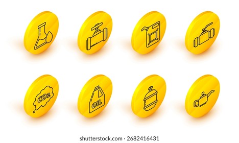 Set line Canister para o óleo da máquina do motor, tanque de gás propano, nuvem de emissões de CO2, tubos e válvula metálicos da indústria, gasolina e óleo ícone do tubo de teste de gasolina. Vetor