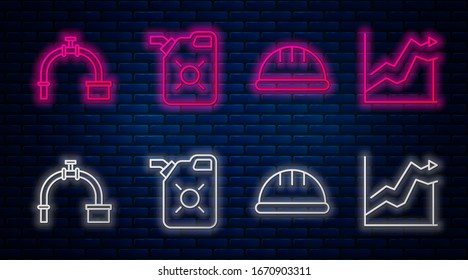 Set line Canister for motor oil, Worker safety helmet, Industry pipe and valve and Oil price increase. Glowing neon icon on brick wall. Vector