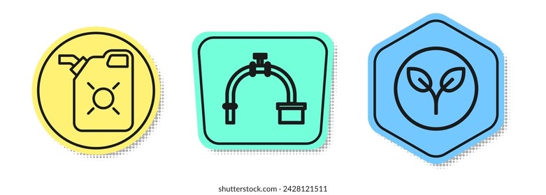 Set line Canister for motor oil, Industry pipe and valve and Bio fuel. Colored shapes. Vector