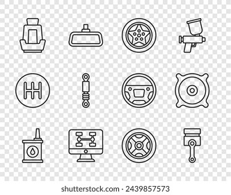 Set line Canister for motor oil, Engine piston, Car wheel, Diagnostics condition of car, seat, Shock absorber,  and audio speaker icon. Vector