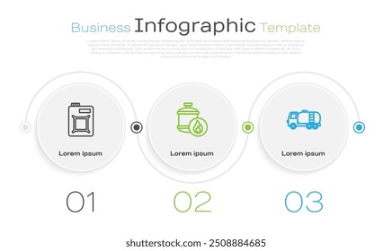 Set line Canister for motor oil, Propane gas tank and Tanker truck. Business infographic template. Vector