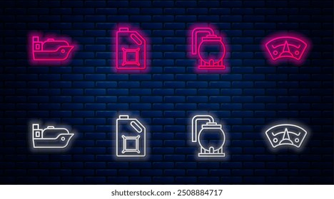 Set line Canister for motor oil, Oil tank storage, tanker ship and Motor gas gauge. Glowing neon icon on brick wall. Vector