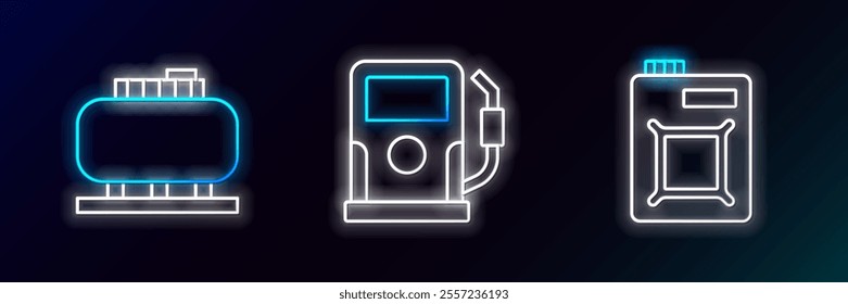 Set line Canister for motor oil, Oil tank storage and Petrol gas station icon. Glowing neon. Vector