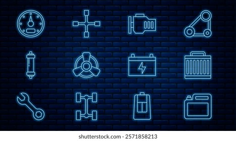 Set line Canister for motor oil, Car radiator cooling system, Check engine, ventilator, Shock absorber, Speedometer, battery and Wheel wrench icon. Vector