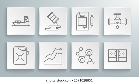 Set line Canister for motor oil, Barrel leak, Oil price increase, Molecule, Stacks paper money cash, Contract and pen, Broken pipe with leaking water and tanker ship icon. Vector