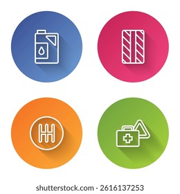 Set line Canister for motor oil, Car tire wheel, Gear shifter and First aid kit and warning triangle. Color circle button. Vector