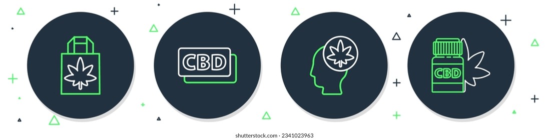Fijar la línea molécula de cannabis, Cabeza con marihuana o cannabis, Bolsa de compra de papel y icono de botella médica. Vector