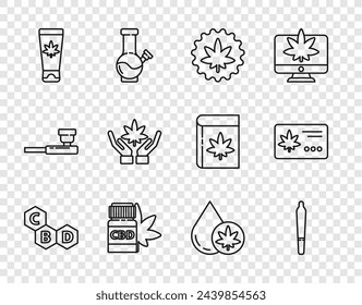 Fija la línea Molécula de cannabis, Articulación de marihuana, o hoja de cannabis, Botella médica con marihuana, crema, aceite de oliva y Calendario e icono. Vector