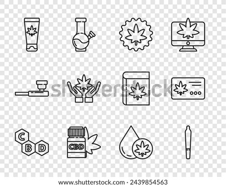 Set line Cannabis molecule, Marijuana joint, or cannabis leaf, Medical bottle with marijuana, cream, olive oil and Calendar and icon. Vector