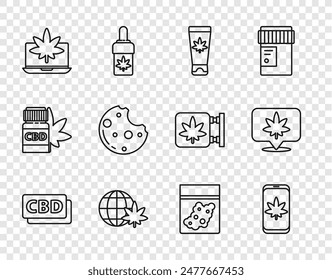 Set line Cannabis molecule, Mobile and marijuana or cannabis, Medical cream with, Legalize globe, Laptop, Cookies, Plastic bag of and Location icon. Vector