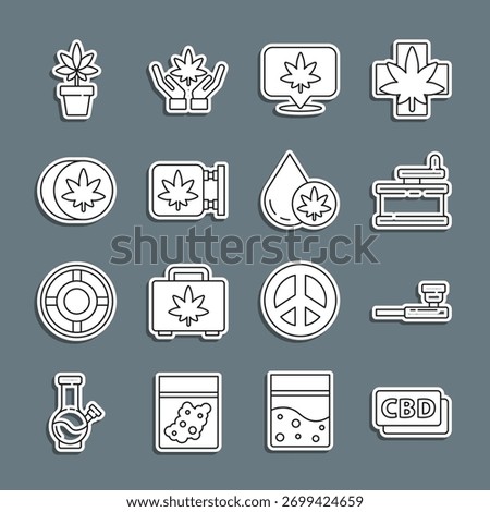Set line Cannabis molecule, Smoking pipe, Manual grinder, Location and cannabis, Marijuana store, Herbal ecstasy tablets, plant and olive oil icon. Vector
