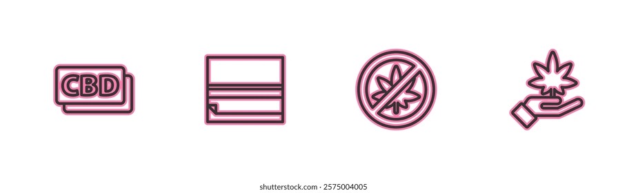 Set line Cannabis molecule, Stop marijuana or cannabis leaf, Rolling paper and Marijuana icon. Vector