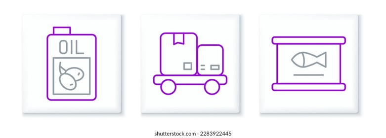 Set line Canned fish, Bottle of olive oil and Hand truck and boxes icon. Vector