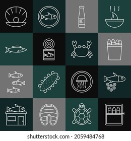 Set line Canned fish, Fish with caviar, Fishing bucket fishes, Sauce bottle, Shell pearl and Crab icon. Vector