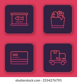 Set line Canned fish, Credit card, Shopping bag and food and Hand truck boxes. Blue square button. Vector