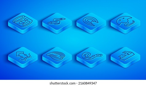 Set line Canned fish, Eel, Fish steak, Mussel, Octopus of tentacle, Stingray,  and Fishing boat icon. Vector
