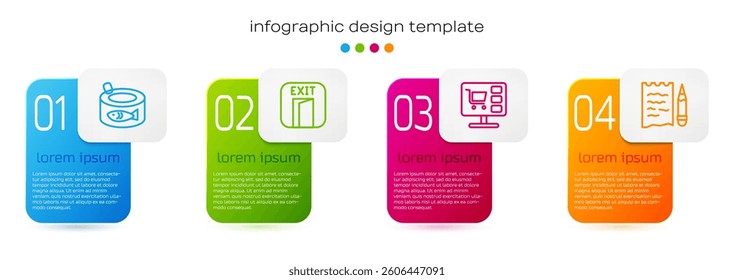 Set line Canned fish, Fire exit, Shopping cart on computer and list and pencil. Business infographic template. Vector
