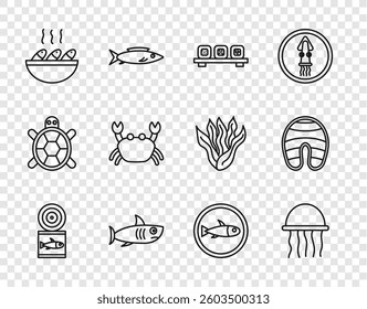 Set line Canned fish, Jellyfish, Sushi on cutting board, Shark, Fish soup, Crab, Served plate and steak icon. Vector