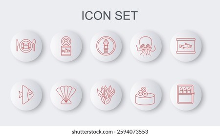 Set line Canned fish, Fish, Octopus on plate, Tin can with caviar, Served crab, Scallop sea shell and Seaweed icon. Vector