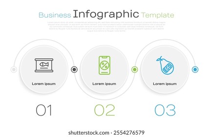 Set line Canned fish, Percent discount and mobile and Healthy organic pear. Business infographic template. Vector