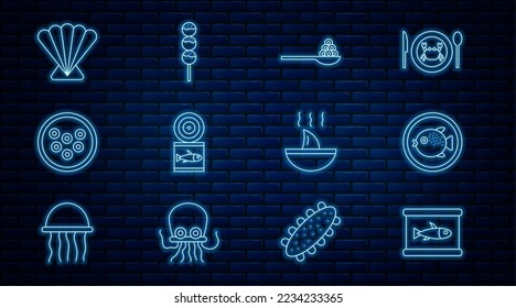 Set line Canned fish, Puffer on plate, Caviar spoon, Scallop sea shell, Shark fin soup and Takoyaki stick icon. Vector