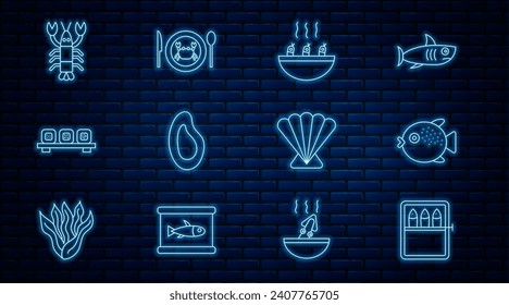 Fijar la línea Pescado enlatado, Puffer, Sopa con gambas, mejillón, sushi en la tabla de corte, langosta, concha de mar de vieira y icono del plato de cangrejo servido. Vector