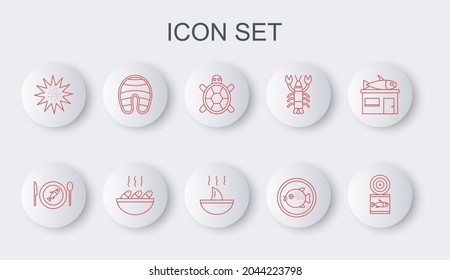 Set line Canned fish, Served on plate, Turtle, Puffer, Sea urchin, Fish steak, soup and Shark fin icon. Vector