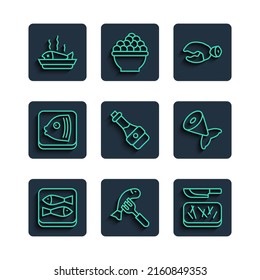 Set line Canned fish, Served on plate, Cutting board and knife, Lobster or crab claw, Soy sauce bottle, Fish head,  and tail icon. Vector
