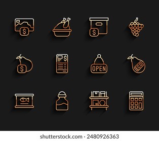 Set line Canned fish, Spice in can, Credit card, Warehouse interior with boxes, Calculator, Paper financial check, Healthy organic pear and Hanging sign Open icon. Vector