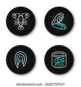 Set line Canned fish, Fish steak, Mussel and Lobster icon. Vector