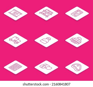 Set line Canned fish, Warehouse interior with boxes, Paper financial check, Hand truck and, Spice can, Wooden for fruits, Calculator and Price tag egg icon. Vector