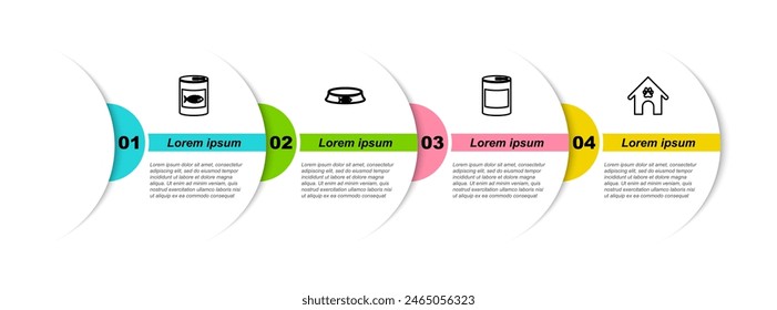 Alimentos enlatados para gato, tazón para mascotas, y casa para perros y mascotas con impresión de patas. Plantilla de infografía de negocios. Vector