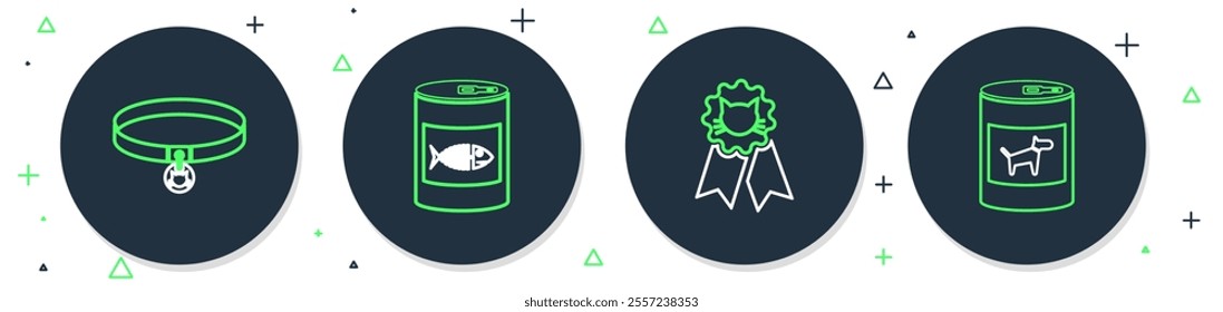 Set line Canned food for cat, Cat award symbol, collar and dog icon. Vector