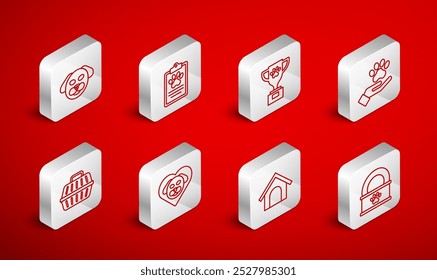Set line Canned food, Clinical record pet, Pet award, Hands with animals footprint, Dog house, Heart dog and carry case icon. Vector