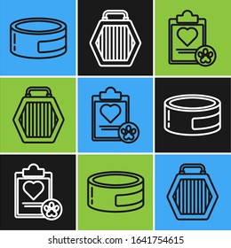 Set line Canned food, Clipboard with medical clinical record pet and Pet carry case icon. Vector