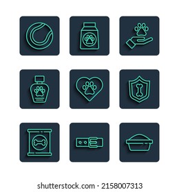 Set line Canned food, Collar with name tag, Pet bowl, Hands animals footprint, Heart, shampoo, Tennis ball and Animal health insurance icon. Vector