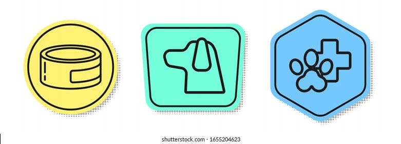 Set line Canned food, Dog and Veterinary clinic symbol. Colored shapes. Vector
