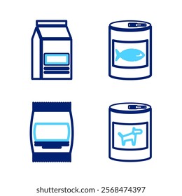 Set line Canned food for dog, Bag of, cat and  icon. Vector