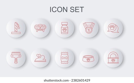 Set line Canned food, Hair brush for dog and cat, Medicine bottle pills, Pet bowl, Cat scratching post, tooth, Clockwork mouse and Bag of pet icon. Vector