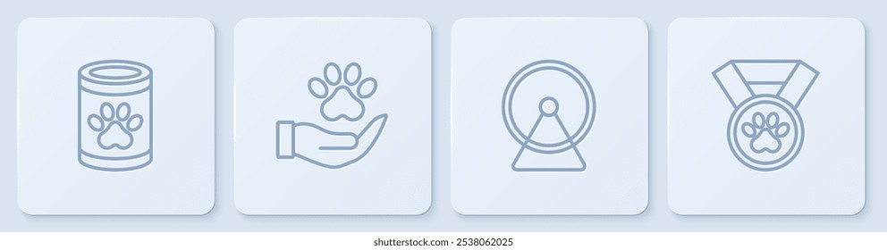 Set line Canned food, Hamster wheel, Hands with animals footprint and Pet award symbol. White square button. Vector