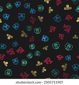Set line Canned food, Location veterinary hospital, Collar with name tag and Cat scratching post on seamless pattern. Vector